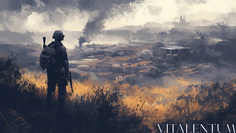 Lone wanderer overlooking a smoky, war torn valley at dusk.