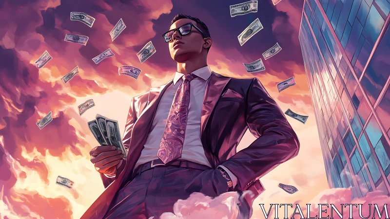 Power-dressed financier under neon clouds and raining cash.