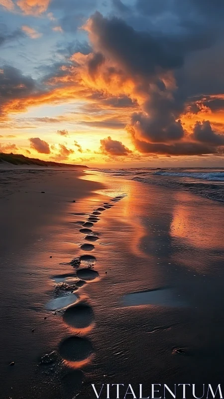 Photorealistic shoreline sunset with reflective wet sand trail.