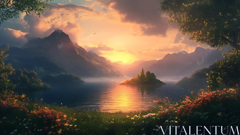 Sunlit mountain lake panorama with glowing island sunset.