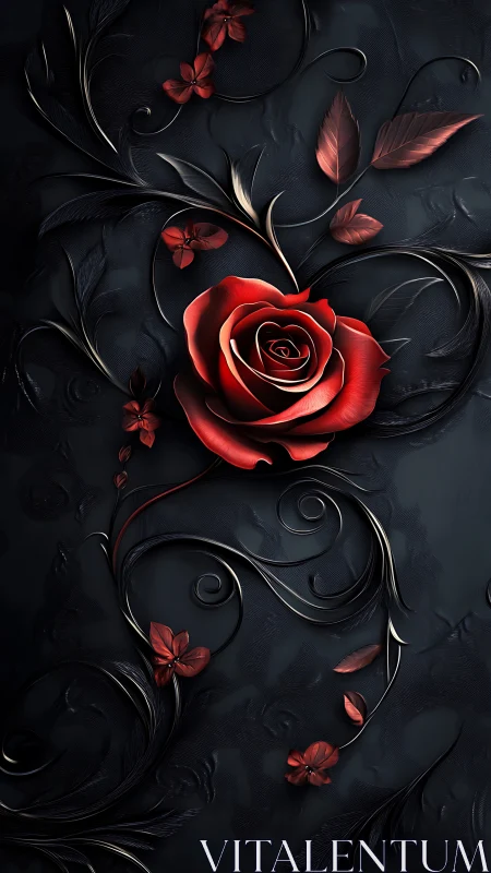 High-contrast red rose with embossed metallic vines on dark ground