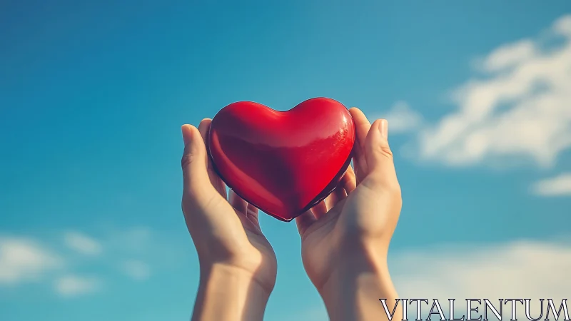 Cupped Hands Presenting Vivid Crimson Heart Against Cerulean Sky.