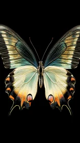 Iridescent swallowtail butterfly fills stark black background