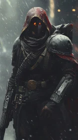 Hooded storm wanderer with glowing eyes in rain-soaked armor.