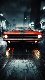 Red muscle car on wet city street at night in heavy rain.