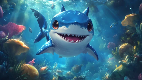 Cartoon baby shark swimming through vibrant coral reef