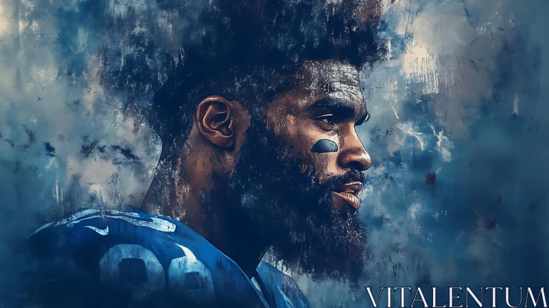 Gridiron portrait of focused athlete in painterly blue haze.