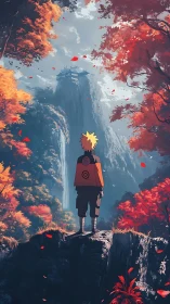 Autumn-cloaked ninja gazes toward a distant mountain sanctuary