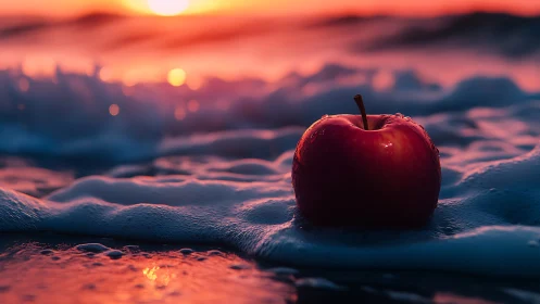 Sunlit red apple in foamy shoreline surf at vivid twilight