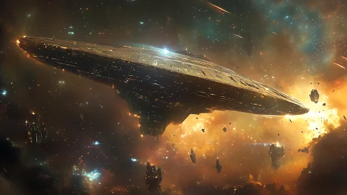 Titan cruiser drifts through ember-bright galactic battlefield.