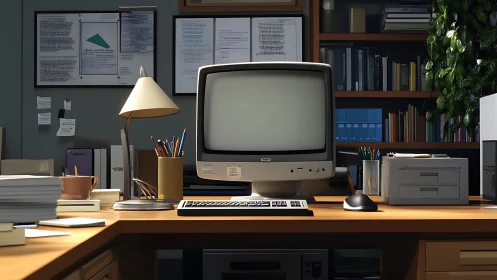 Retro office desk with CRT computer and documents.