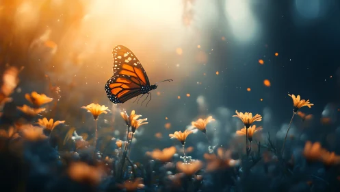 Gentle monarch butterfly drifts over glowing wildflower meadow
