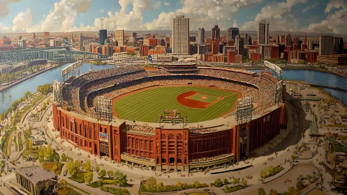 Panoramic ballpark cityscape under vivid afternoon light.