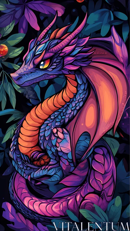 Vibrant coiled dragon illustration with neon jungle foliage.