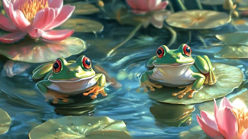 Red-eyed tree frogs rest on sunlit lily pads at dawn.