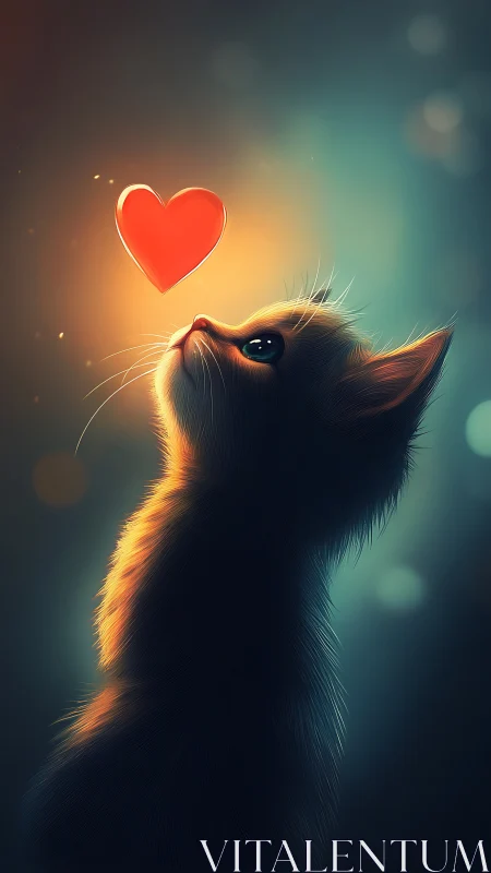 Cat gazes upward, glowing heart illuminates love's essence.
