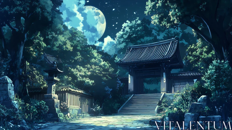 Moonlit temple gate beneath luminous forest canopy at night.