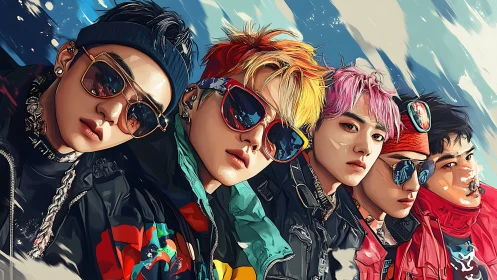 Stylized boy band peers forward in vivid winter streetwear