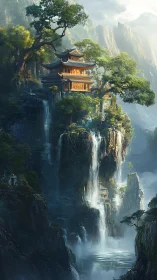 Mountain temple above cascading waterfalls in misty valley.