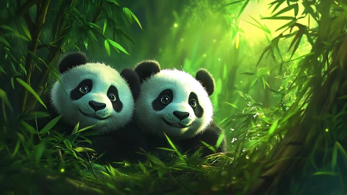Cartoon panda pair in dense green bamboo forest setting.