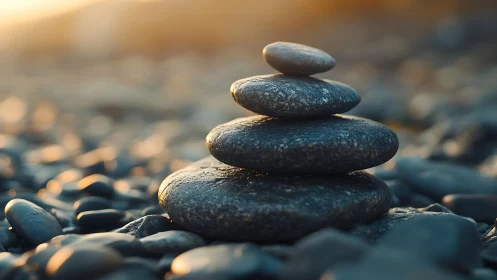 Balanced river stones form a zen cairn in warm sunset bokeh