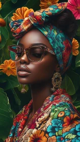 Radiant woman in florals enjoying a calm, colorful moment.