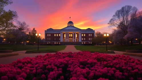 Neoclassical campus hall framed by axial path, lamps and tulip bed