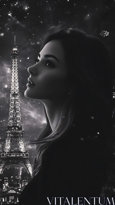 Monochrome female profile contrasts with Eiffel Tower lights