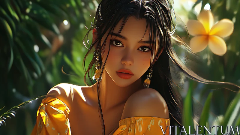 Sunlit tropical portrait of woman in golden dress bloom.