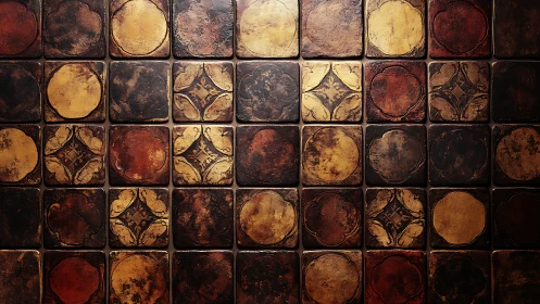 Aged ceramic tile grid shows patinated circular and floral motifs