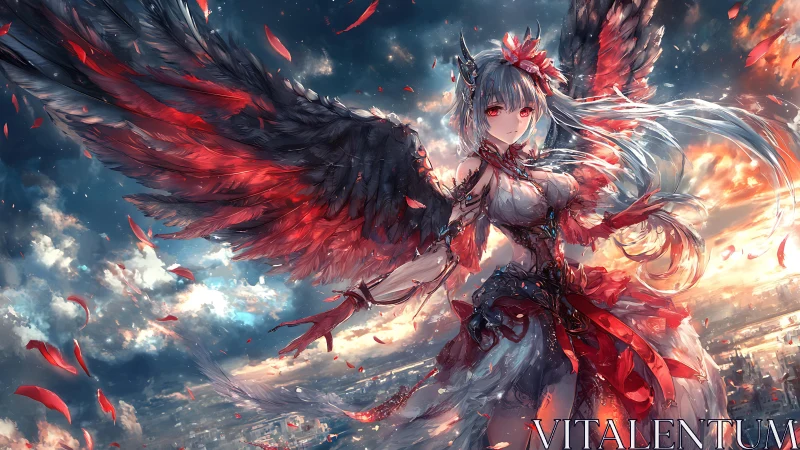 Winged anime war maiden commands burning twilight sky