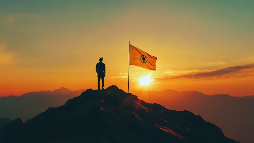 Silhouette climber beside Indian flag under blazing sunset