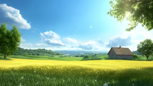 Sunlit wheat field surrounds solitary stone farmhouse under blue sky