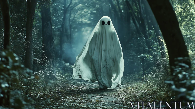 Melancholy sheet ghost wandering a mist soaked forest path.