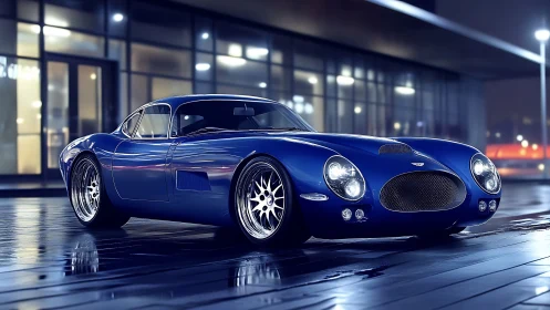 Midnight blue classic sports coupe on wet urban plaza.