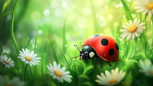 Ladybug explores sunlit meadow amid dew-kissed daisies.