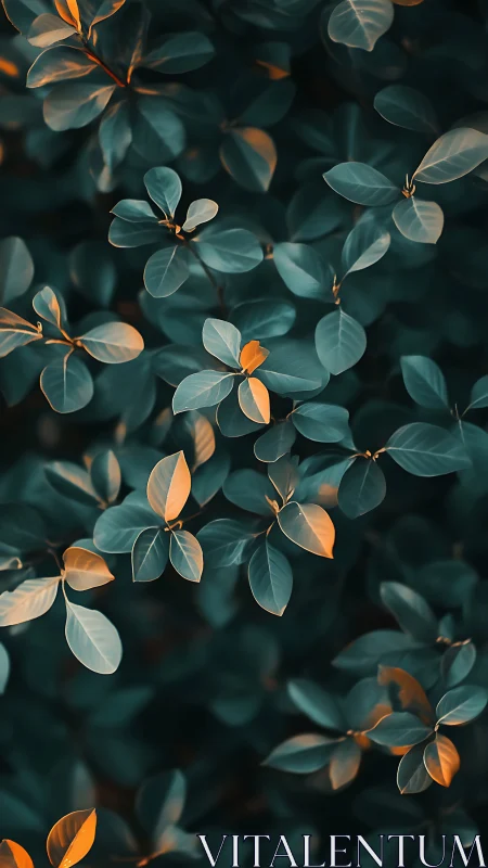 Moody teal foliage with warm orange highlighted leaves.