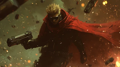 Gunfighter in red cloak advances through burning debris field