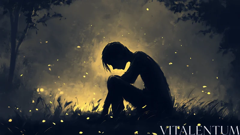 Silhouetted figure in nocturne meadow with luminous backlight.