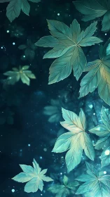 Moonlit river of teal leaves drifting through twilight air.