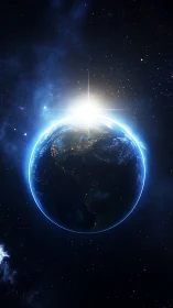 Radiant sunrise crowns the glowing Earth in deep space.