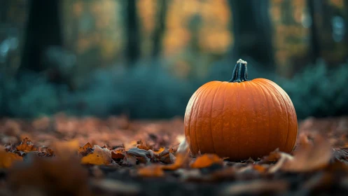 Cozy orange pumpkin resting softly in a quiet autumn forest.