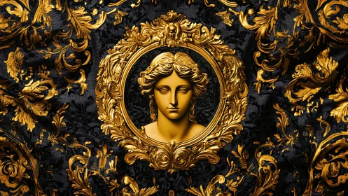 Golden classical portrait framed in ornate baroque splendor.