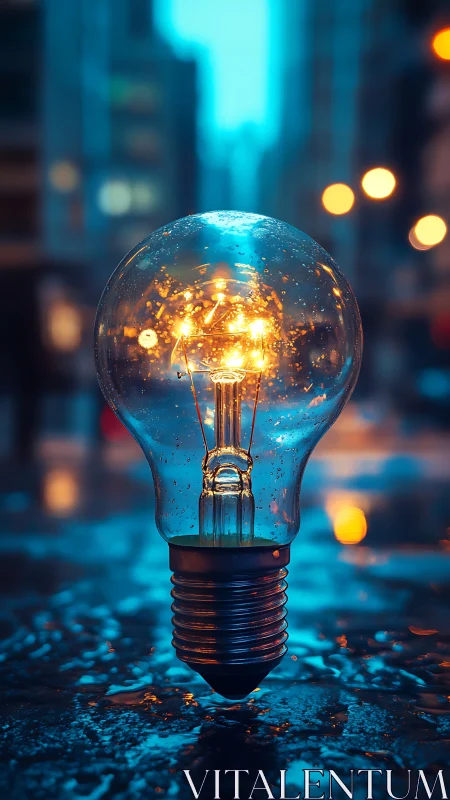 Streetlit raindrops crown a solitary bulb with molten ideas