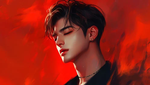 Digital profile portrait depicts male figure against red field