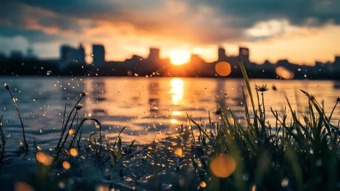 Backlit water droplets freeze against a luminous urban sunset