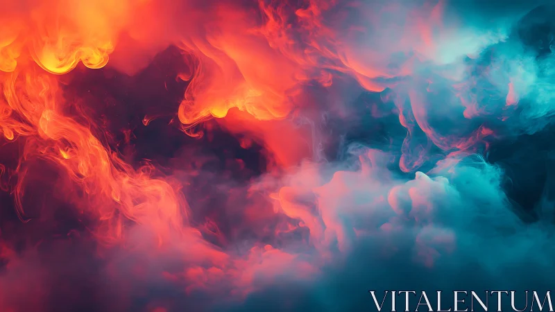 Contrasting red and cyan volumetric clouds occupy the frame