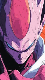 Pink alien warrior lowers gaze in intense cinematic close-up