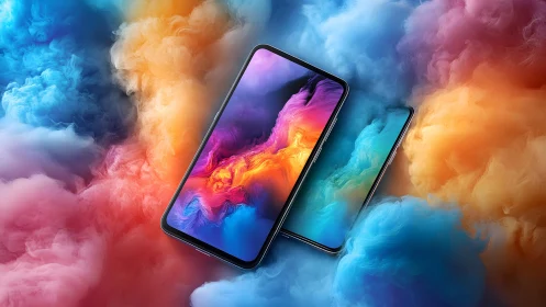 Modern smartphones with vibrant screens in colorful abstract clouds.