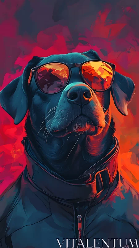 Cool black dog in sunglasses amid neon abstract glow.